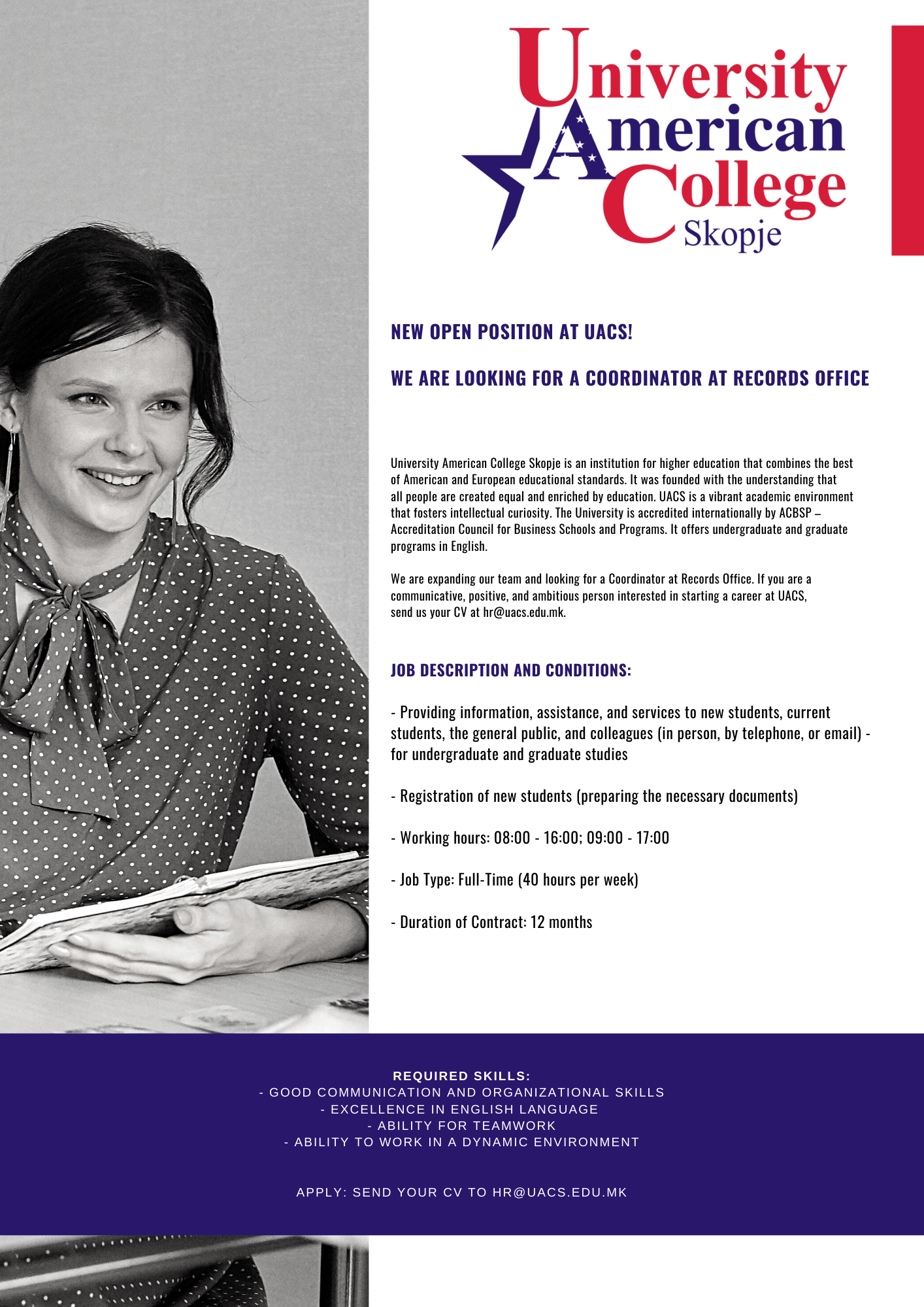 NEW OPEN POSITION AT UACS! WE ARE LOOKING FOR A COORDINATOR AT RECORDS OFFICE